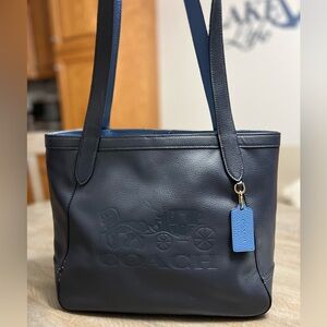 Coach navy blue leather tote bag with gorgeous royal blue suede like interior